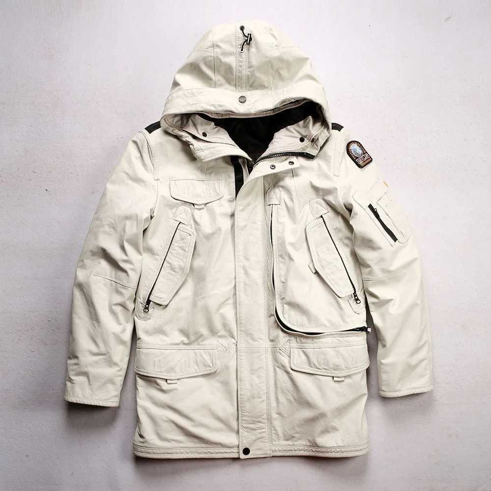 200g down filling capacity 90% down content long leather down jacket for men mountaineering ski clothing cowhide leather jacket W250806