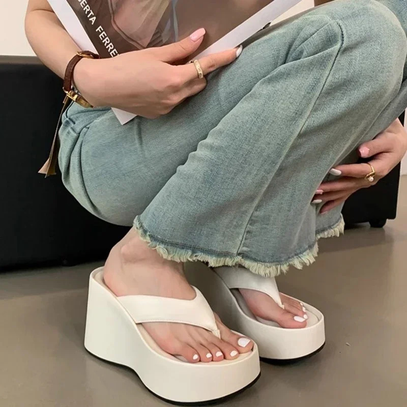 Summer Chunky Woman Slippers Fashion Platform Wedges High Heel Silvery Ladies Shoes Zapatillas De Mujer 250731
