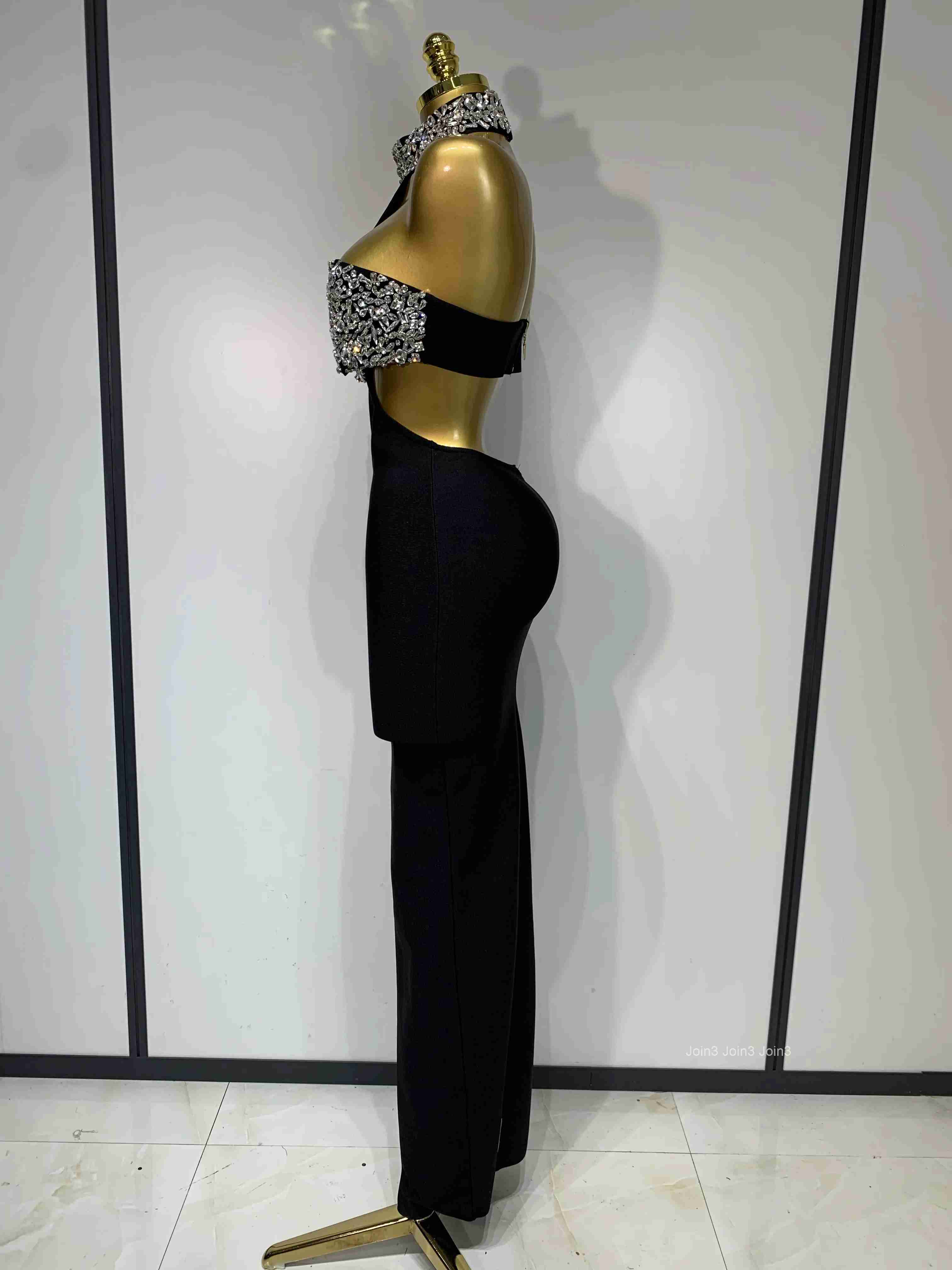 Women Sexy Backless Sparkly Crystal Diamonds Black Bodycon Bandage Dress Celebrity Elegant Evening Club Party Birthday Dresses