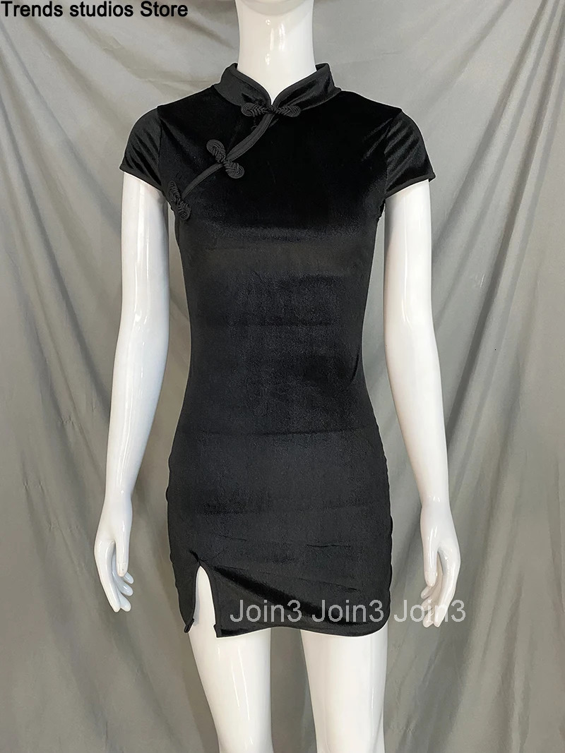 Women Dress Y2K Cheongsam Velvet Elegant Black Sexy Short Sleeve Button Casual Shopping Photo Chinese Dress Tight Fashion Summer