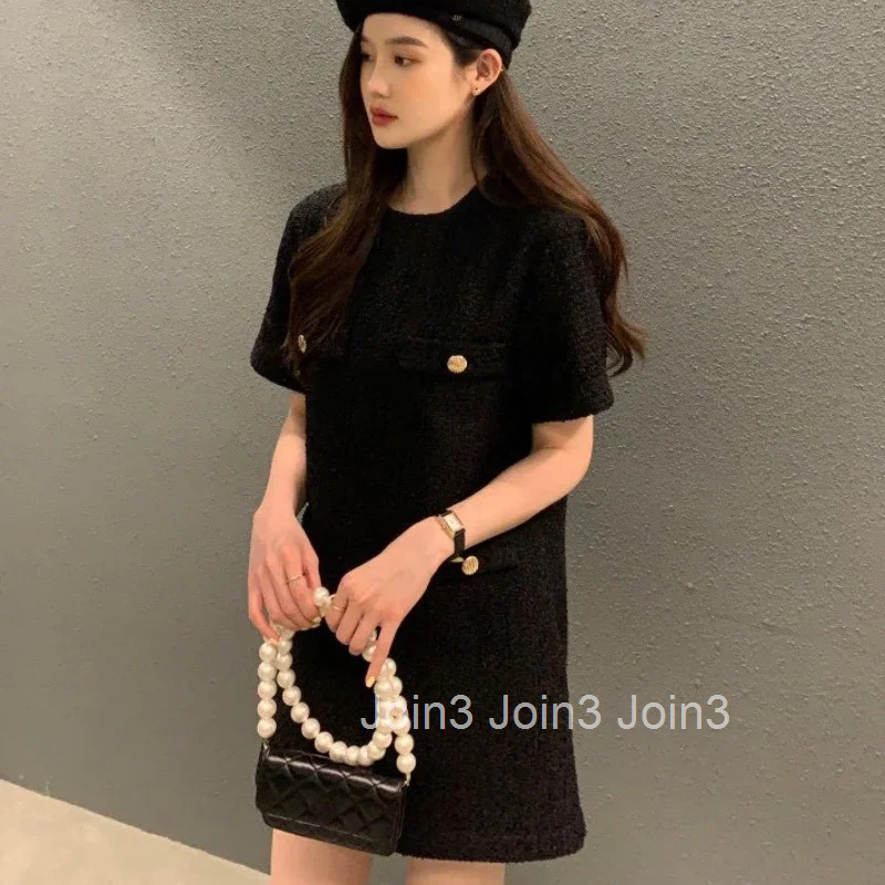 Simple O Neck Short Sleeve Elegant Tweed Dress Women Summer Vintage All Match Loose Robe Femme Korean Style Chic Vestidos