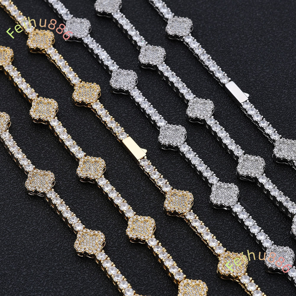 Womens Fashion Tennis Bracelet Small Four Leaf Clover Gold-Plated 925 silver Moissanite Chain Link Bangles Elegant Jewelry