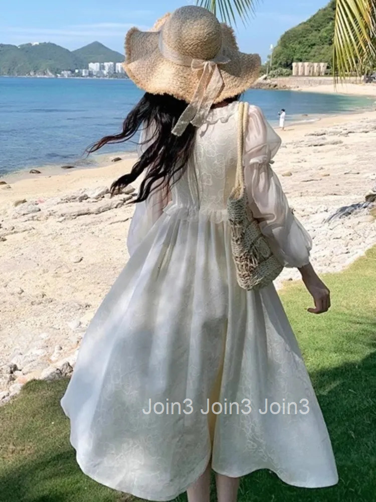 Autumn Elegant Korean Jacquard Fairy Dress Vintage Court Style Lantern Sleeve Princess Party White Dresses Bandage Vestidos