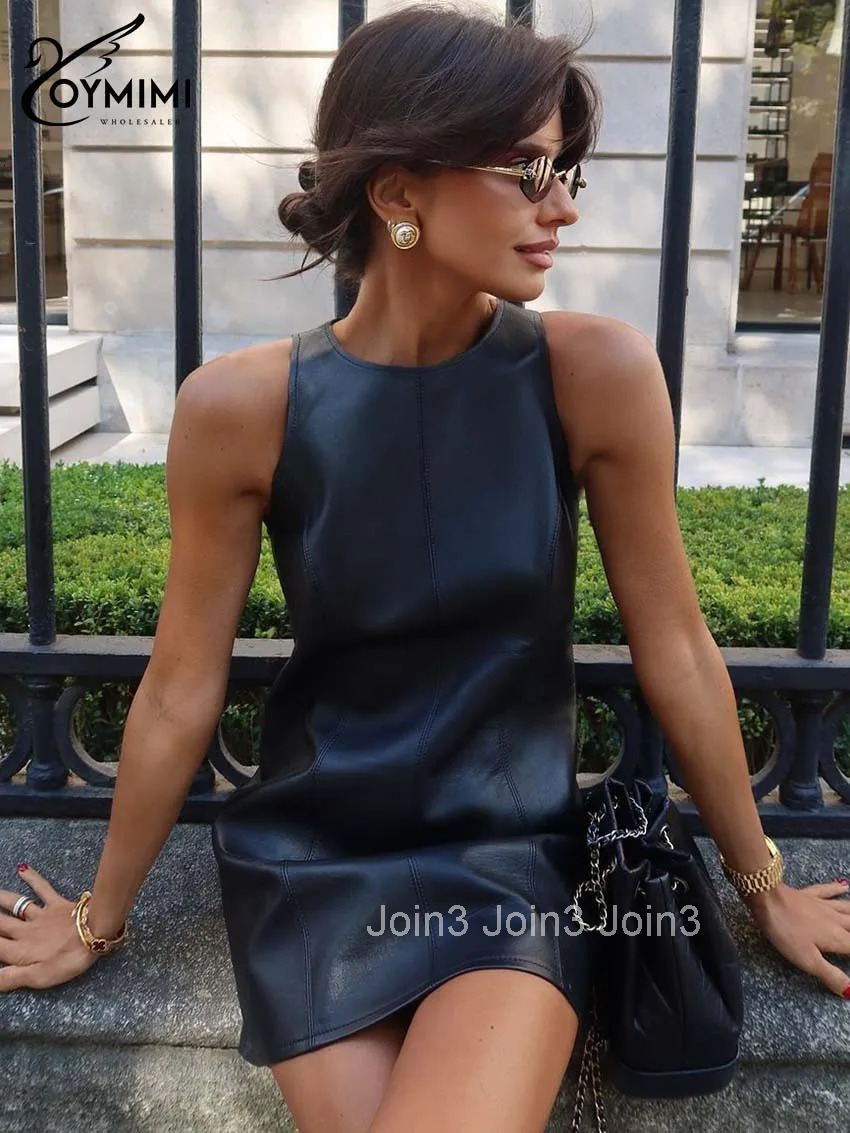 Casual Black Pu Leather Dresses Women Fashion New O-Neck Sleeveless Slim Dresses Elegant Solid Straight Mini Dress