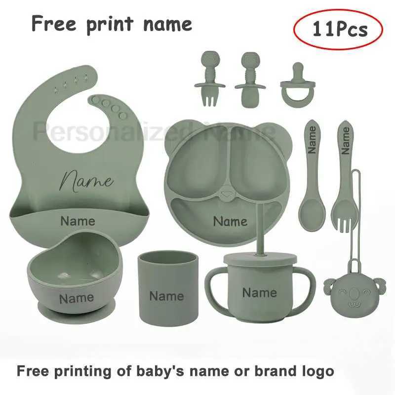11pcs Childrens Silicone Tableware BPA Free Bear Plate Baby Feeding Set with Personalized Customization Baby Name X2508061