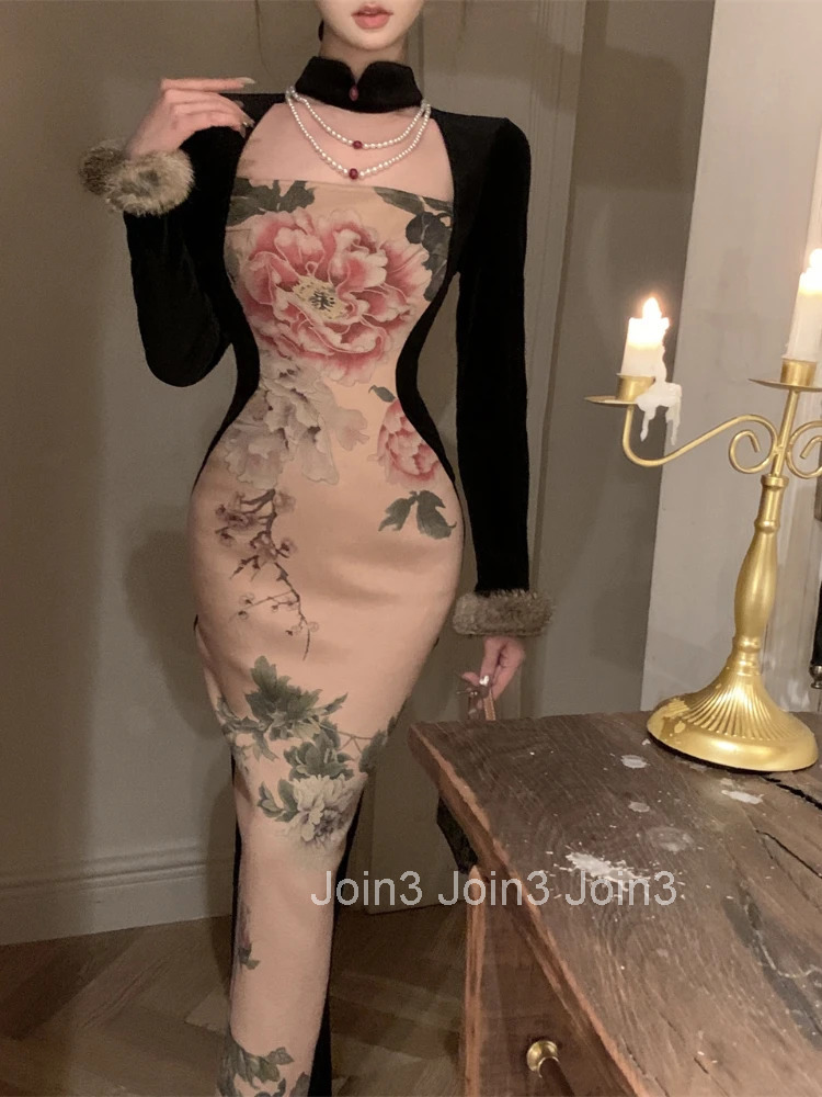 Vintage Dresses Women Floral Printed Stand Collar Long Sleeve Patchwork Slim Elegant Dress Ladies Temperament Chic