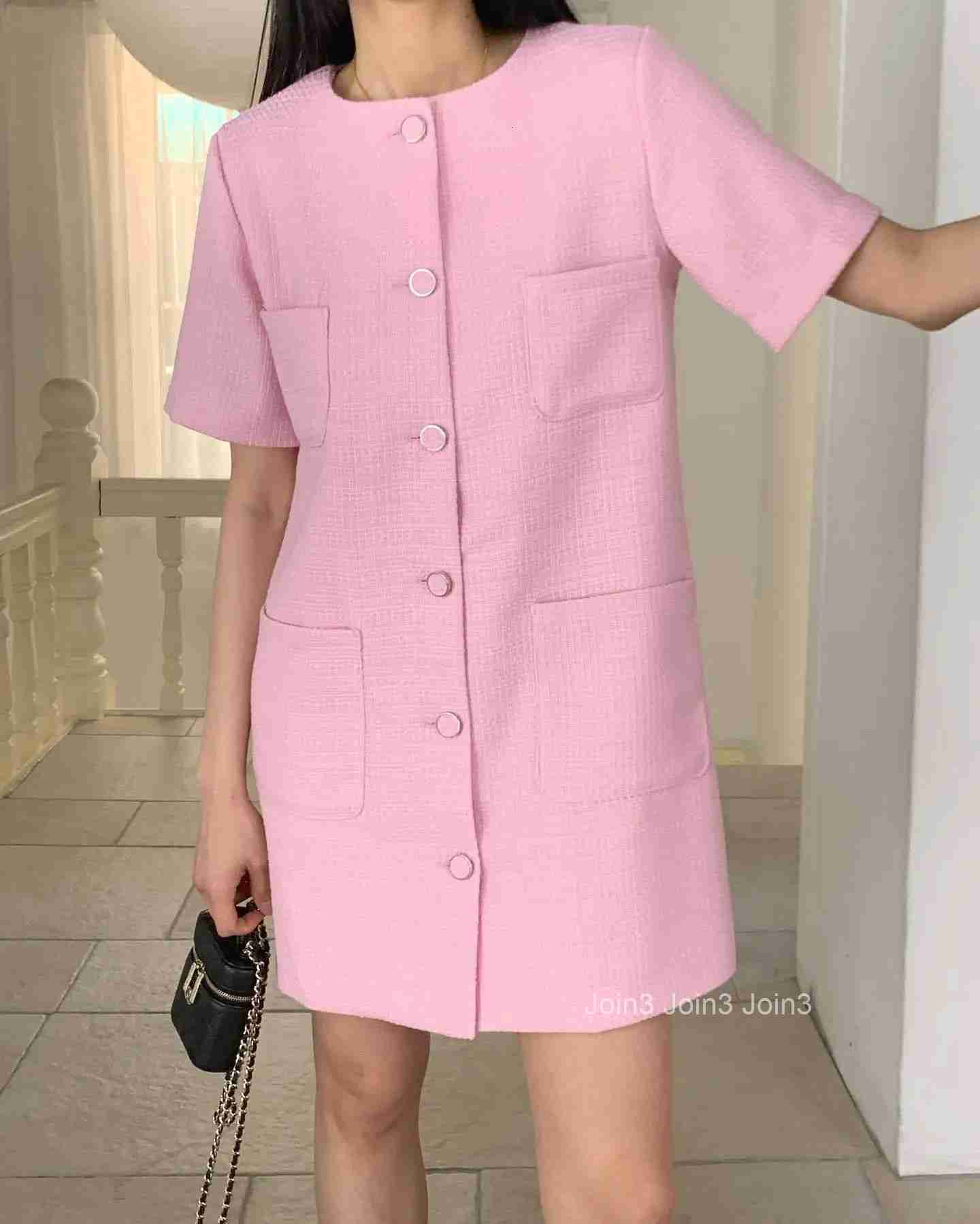 New Spring Summer Sweet Tweed Short Dress Round Neck Short Sleeve Korea Chic Women Dress Button Fashion Female Clothing