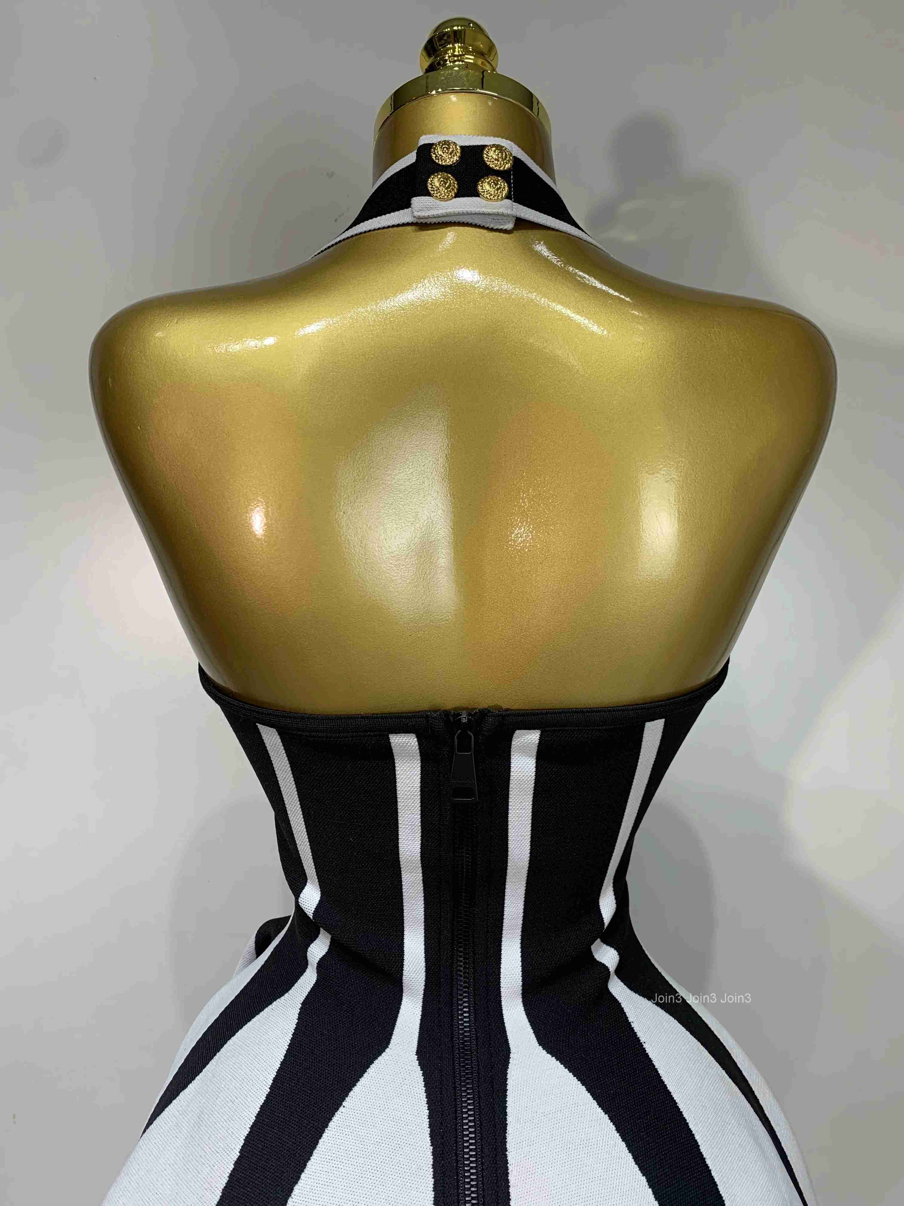 Women Sexy Backless Black White Stripes Halter Bandage A Line Short Dress Celebrity Elegant Evening Party Holiday Club Dress