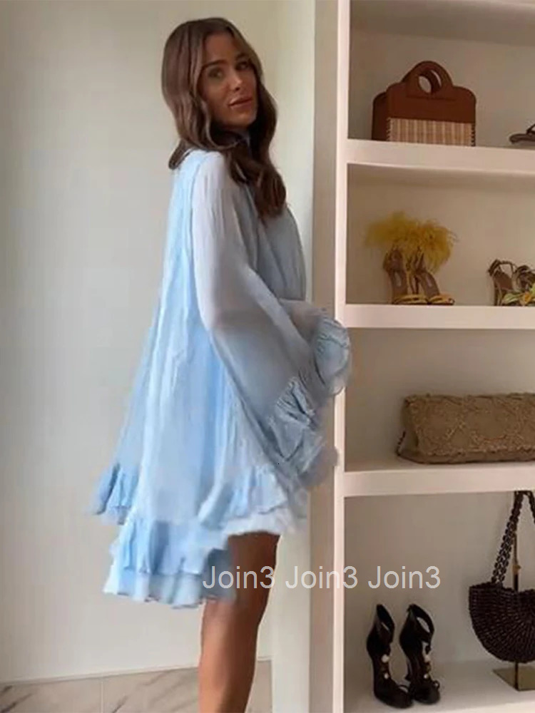 Ruffles Hem Mini Dress Women Elegant Stand Collar Long Flare Sleeve Lace Up Mid Length Dresses Ladies Fashion Summer Robes