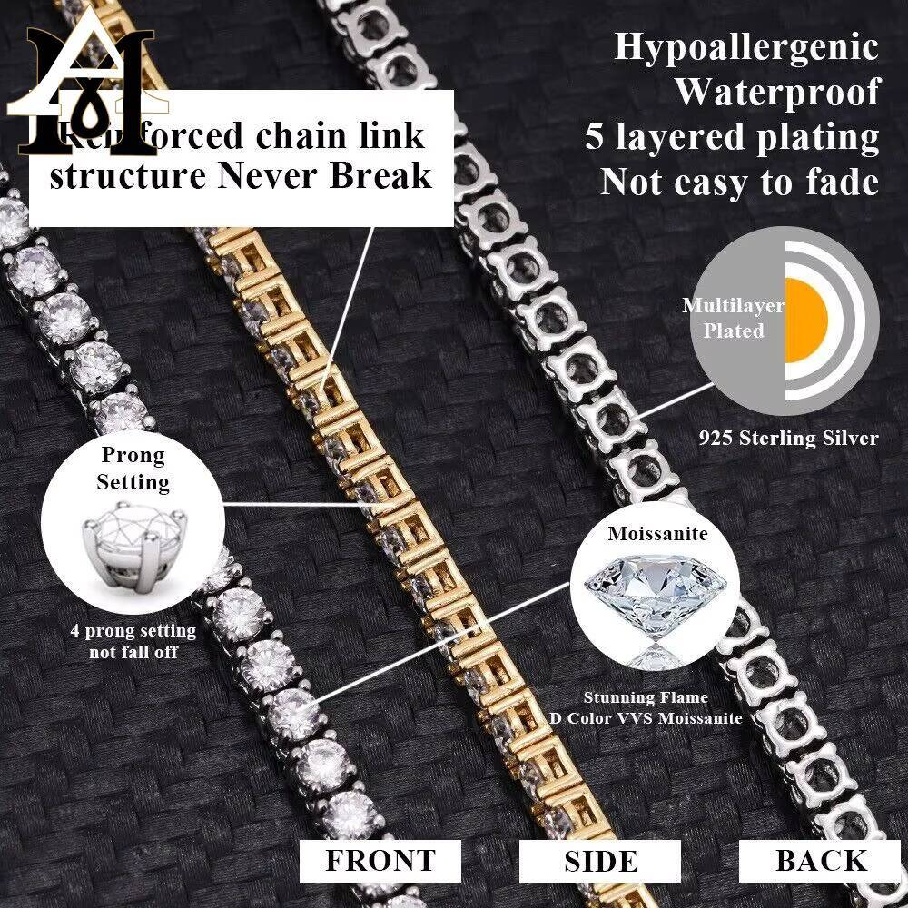 2025 Cheapest Price Hip Hop 925 Silver 2mm 3mm 4mm 5mm 6mm VVS Moissanite Diamond Bracelet Necklace Moissanite Tennis Chain