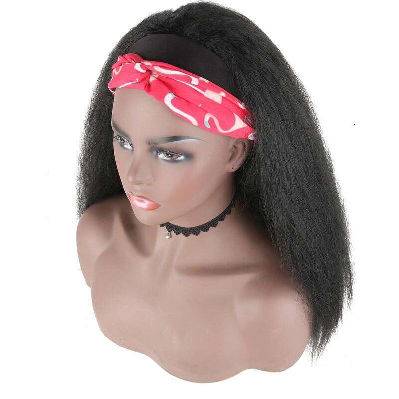 Clip-In Ladies Yaki Black Long Straight Hair Wig Synthetic Fiber Headband Headbandwig