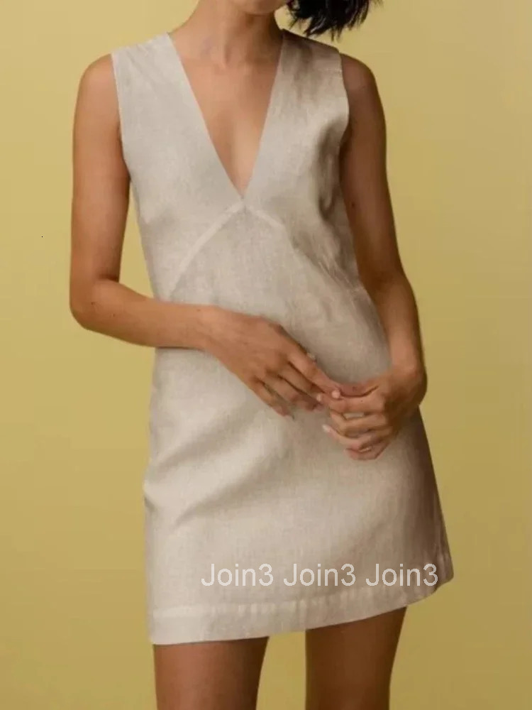 Womens Casual Linen Sleeveless Dress V-Neck Chic Elegant Cotton-Linen Blend Summer Fashion Sexy Chic New Arrival Vestidos