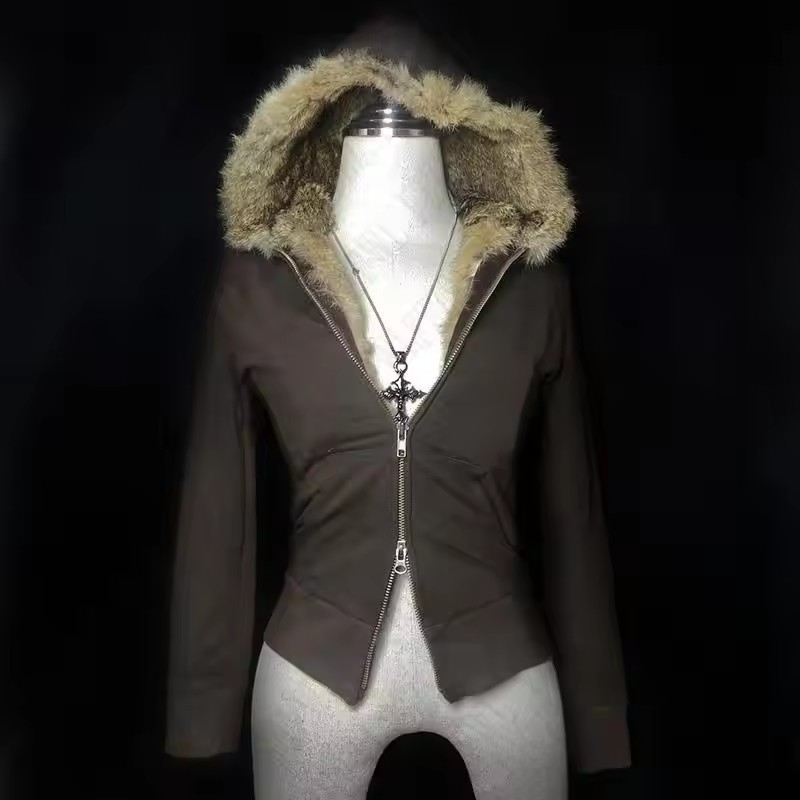 Mens Grunge Goth Y2K Zipper Hoodie Plush Splicing Hat Casual Loose Street Clothing Harajuku Fashion Hoodie Sportswear 241213