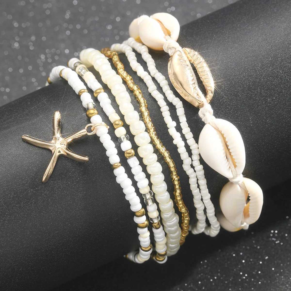 7pc/set Bohemian Rice Beads Starfish Pendant Anklet Set Fashion Summer Beach Sea Shell Multilayer Ankle On Foot Jewelry Y250805
