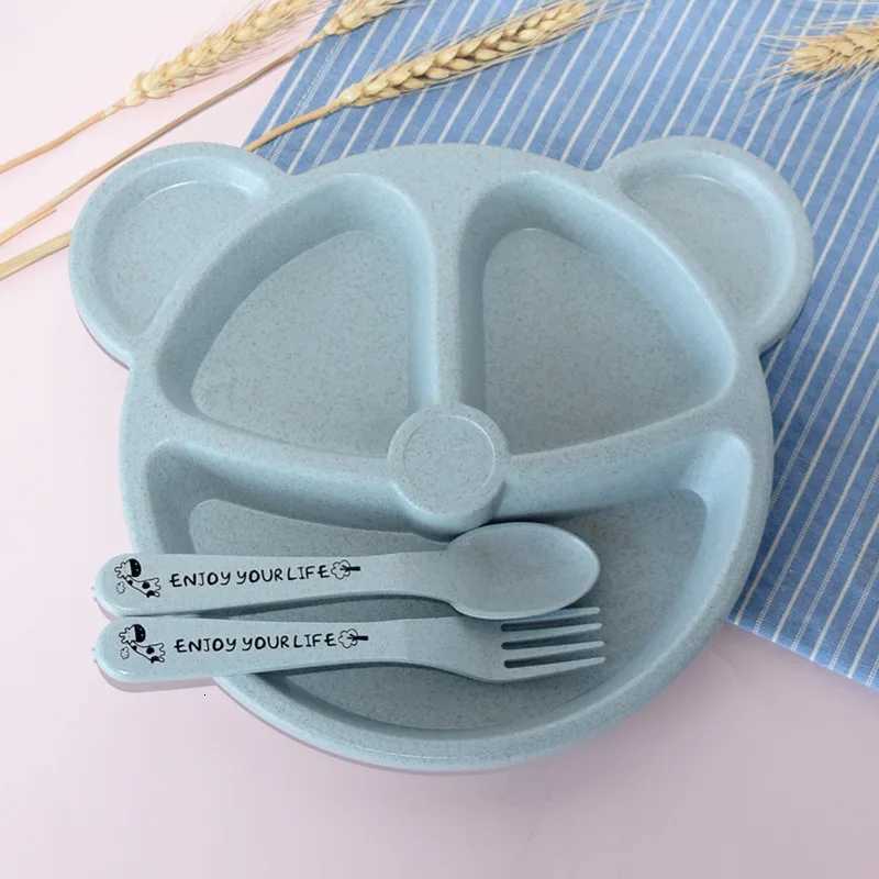 3-Piece Cute Divided Dining Plate for Childrens Bowls Solid Color Fork Spoon Sucking Tableware Set with Wheat Material X250806