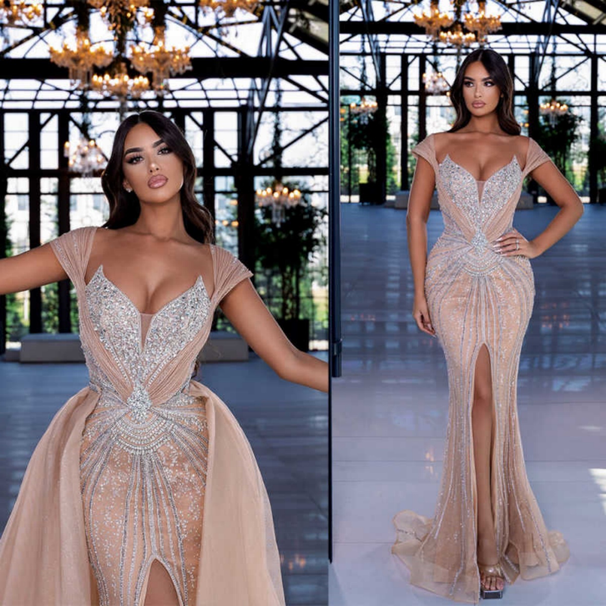 Elegant Mermaid Evening Dresses Off Shoulder Front Split Prom Gowns Crystal Beading Detachable Train Customized Party Dresses