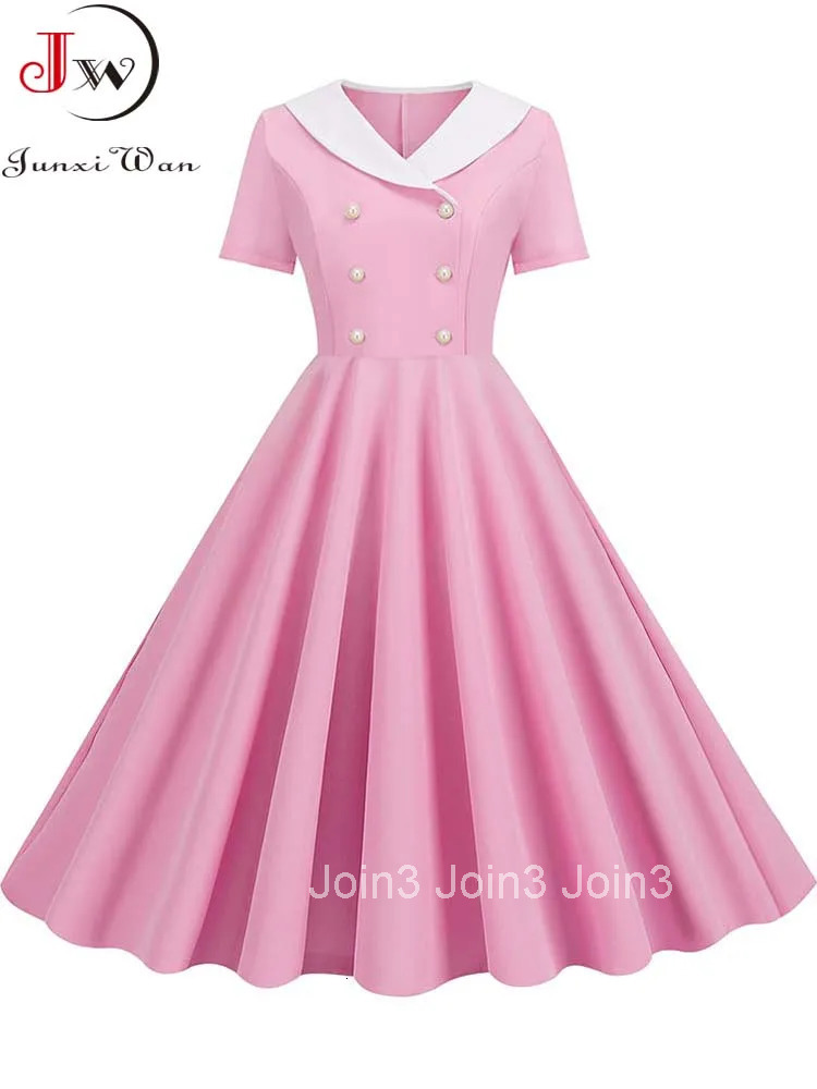 Summer Midi Dress Women Elegant Pink Vintage Party Sundress Casual Peter pan Collar Short Sleeve Dress