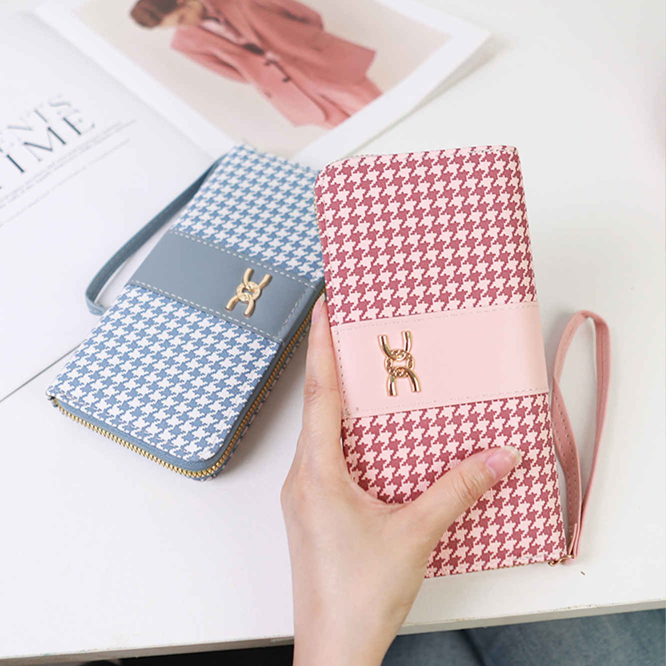 New Korean Style Long Fashion Print Single Zipper Large Capacity Plaid Pattern Wallet for Women
