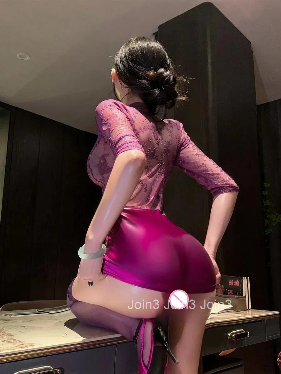 Hot Sexy V Neck Lace Mini Dress Purple Lace Sexy Female Secretary Sexy Professional OL Role-playing Nightclub Dress Elegant 5MJJ