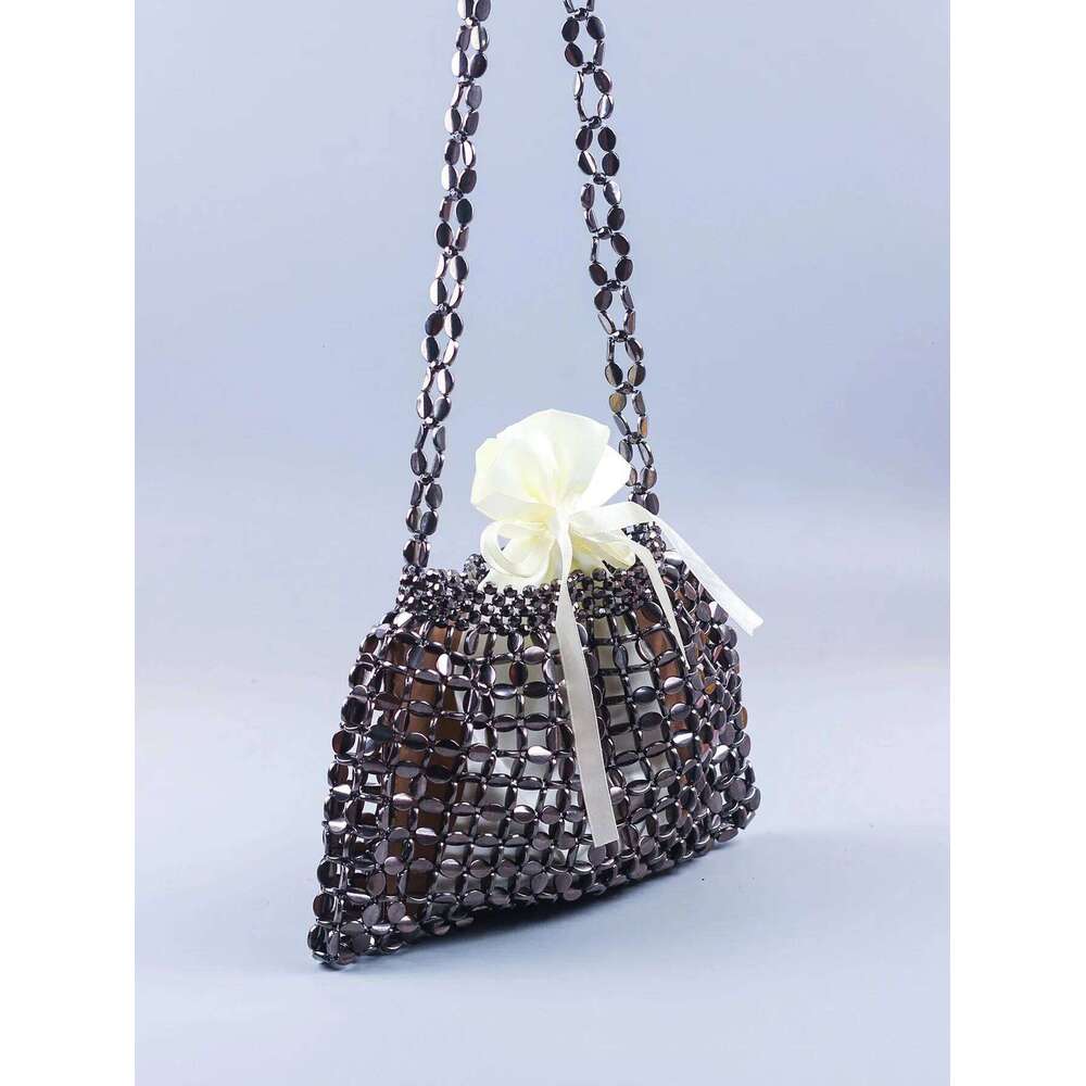 Handmade sier gold flat bead woven large-sized dumpgs fashionable and trendy one shoulder portable beaded bag 240822