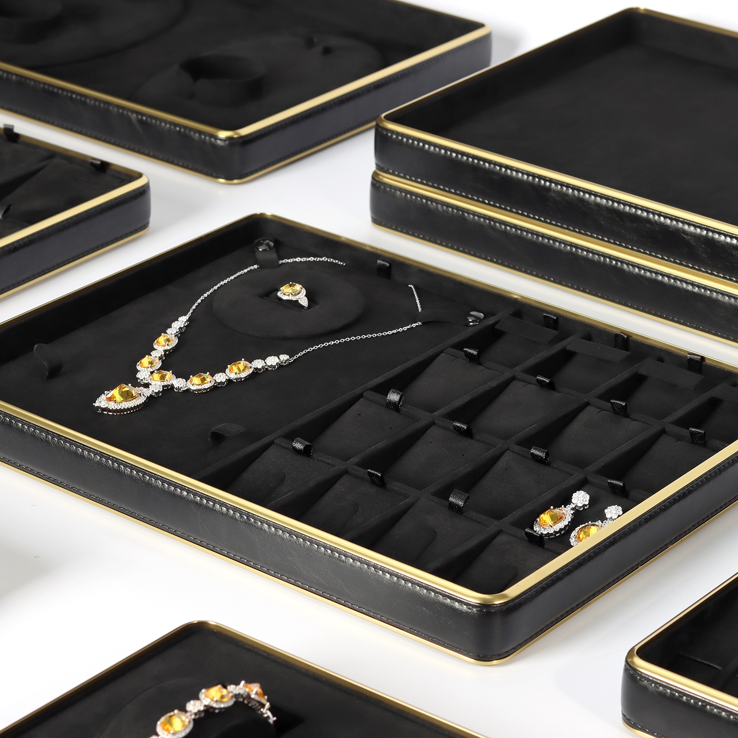 Stackable HLB Metallic Necklaces Display Trays with Velvet Interior - Elegant Showcase for Jewelry