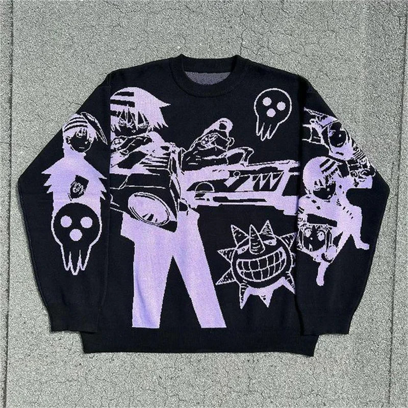 Harajuku sweaters Y2K retro 90s goth fitted round neck tops knitwear high quality Embroidery anime pattern oversized sweater 250806