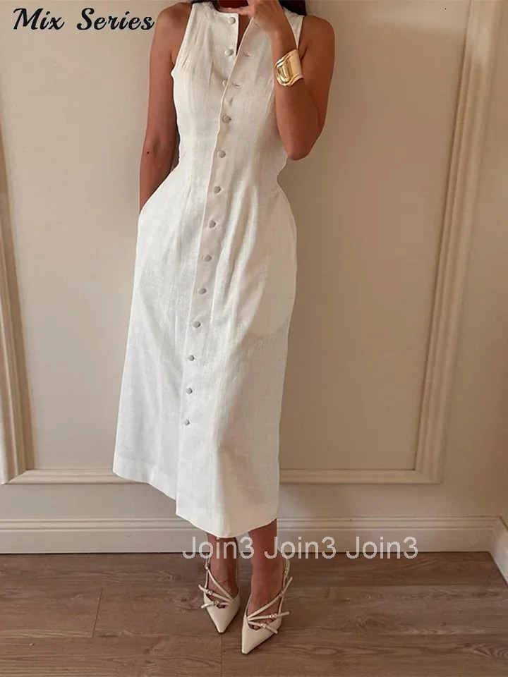 Elegant Sleeveless Long Dress Womens Slim Solid O-neck Single Breasted A-Line Dresses Summer New Ladies Fashion Robes