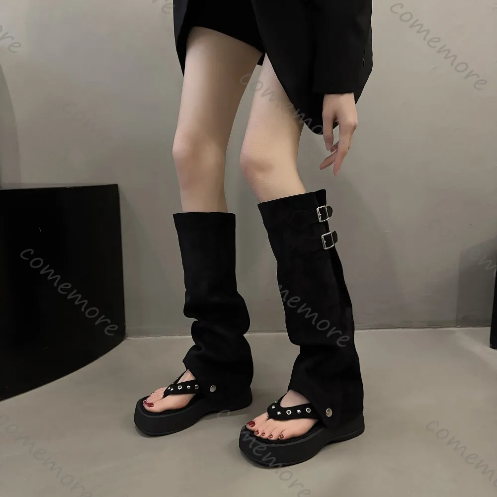 Comemore Womens Sandal Boots Summer Fashion Two Wear Clip Toes Boots Female Thick Bottom Flip-flops Hollow Sandals Botas 250805