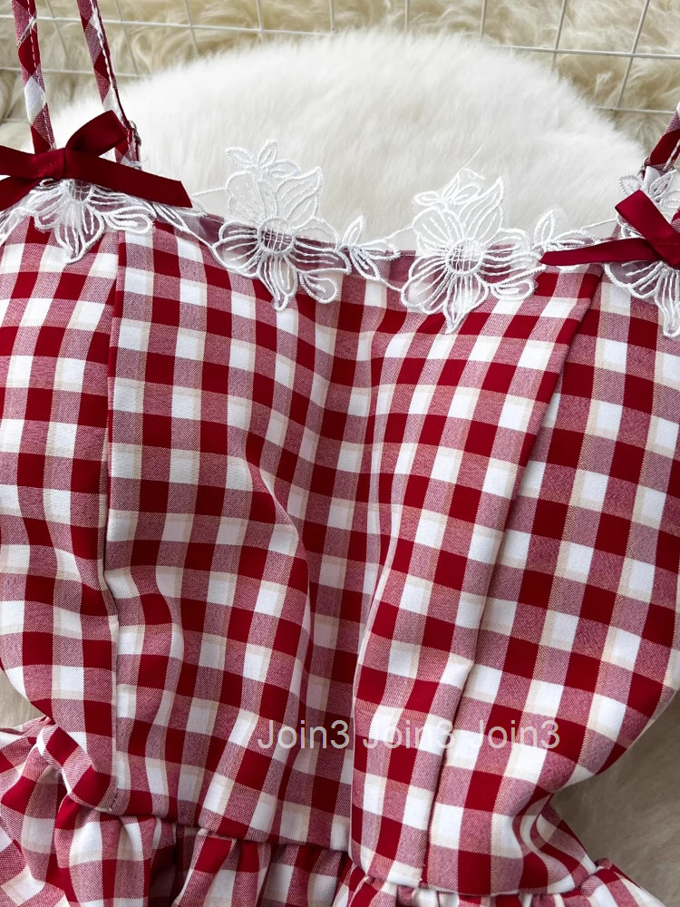 France Elegant Sweet Mori Girl Style Short Dress Women Lace Bow Plaid Party Dress Female Casual Chic Cute Clothing Summer New