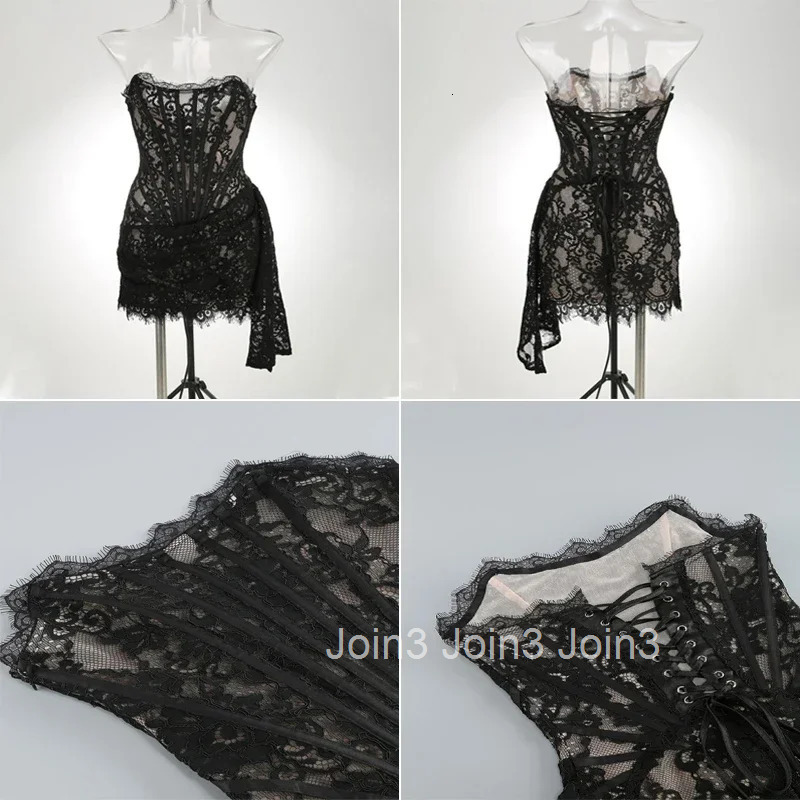 Womens Sexy Lace Dress Solid Color Sheer Patchwork High Waist Lace Dress Elegant Printed Strapless Slim Evening Dress