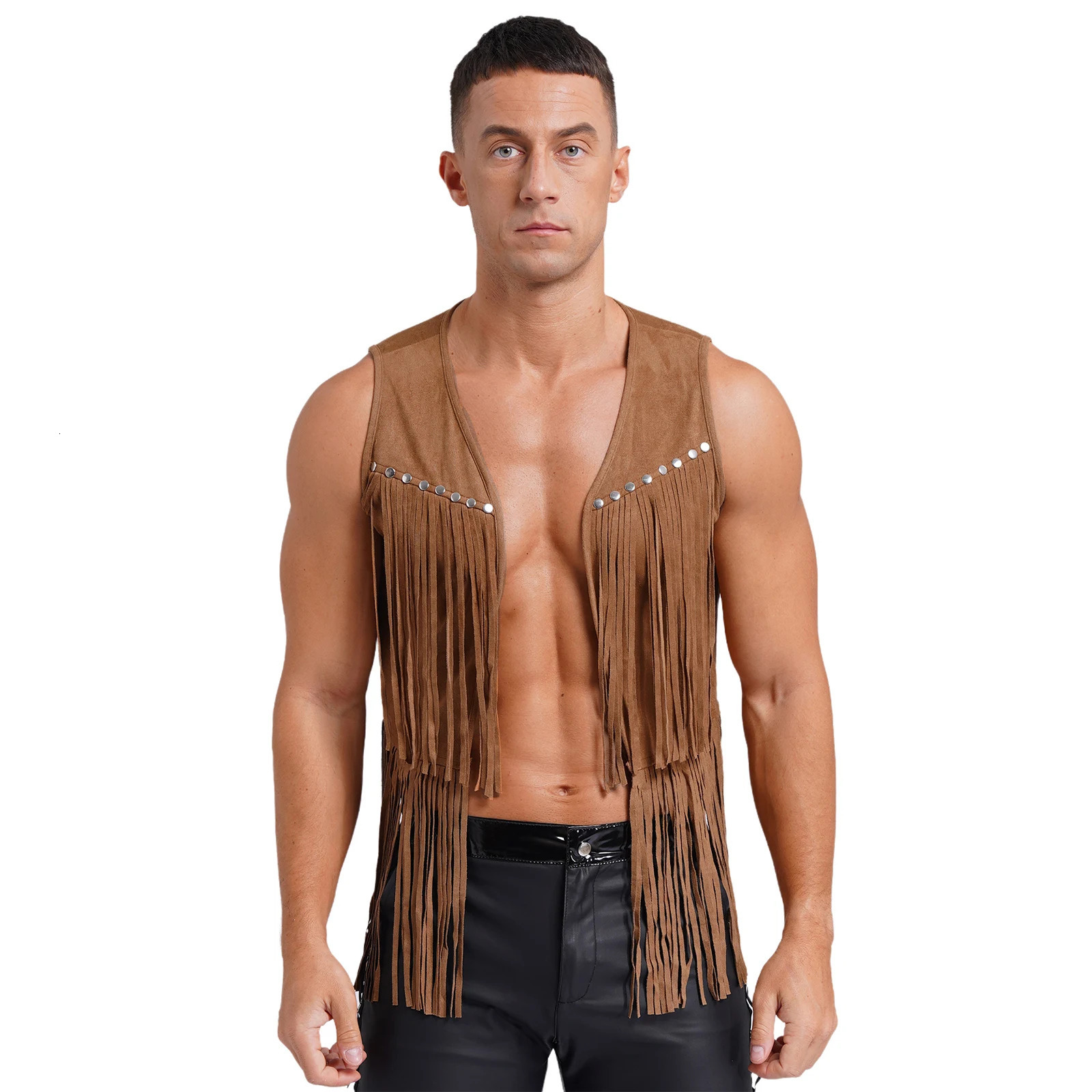 Mens Western Cowboy Vintage Faux Suede Tassel Vest Tops Open Front Rivets Fringe Waistcoat Jacket Festival Rave Party Clubwear 250805