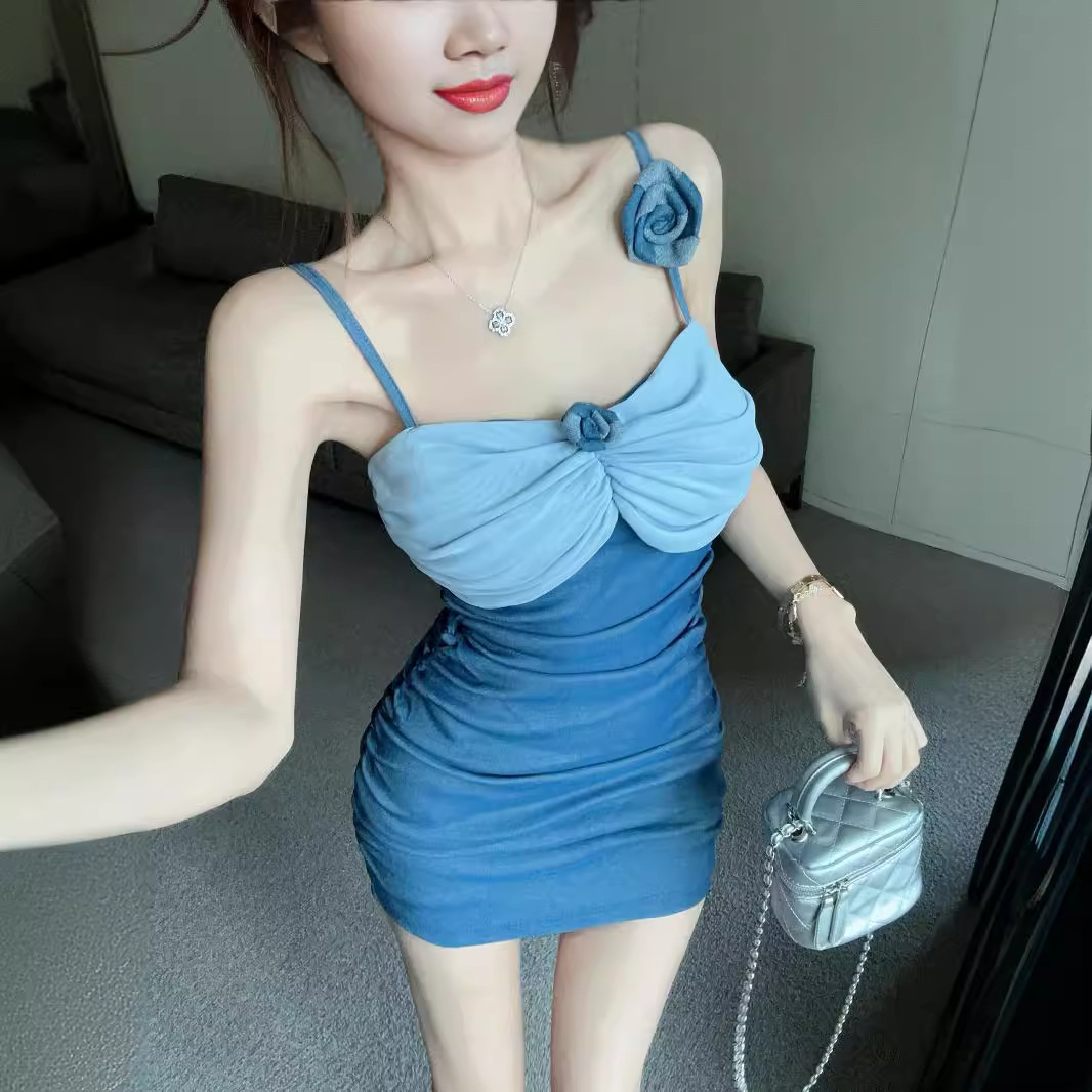 2025 fashion Summer Unique Design Elegant Fashion Strap Slimming Cowboy Elastic 3D Flower Tight Wrinkle Hong Kong Style Fashion Dress New Designer Dre