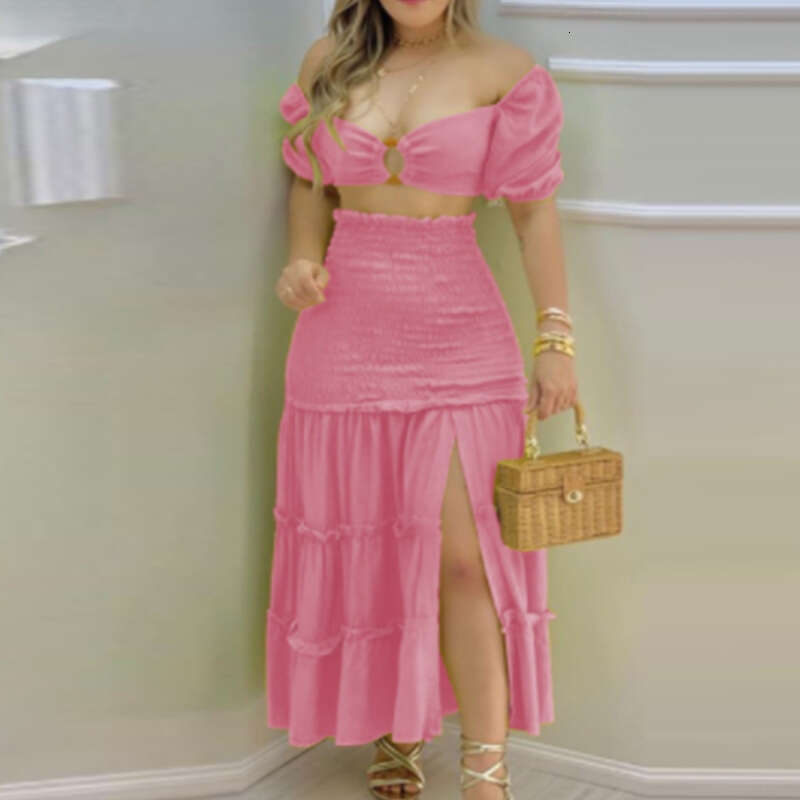 New Women's One-Shoulder Printed Sexy Slit Dress Fashion Set For Women 661 B5