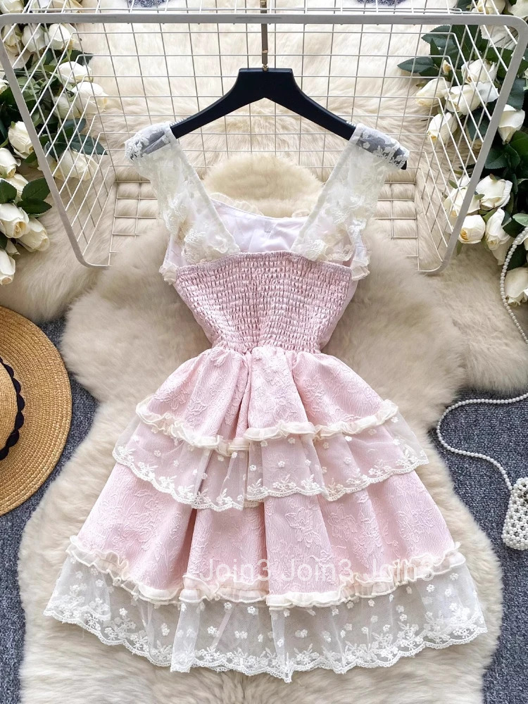 Japanese Sweet Lolita Jsk Dress Women Elegant Ruffles Lace Bandage Princess Strap Dresses Girls Y2k Kawaii Tea Party Mini Dress