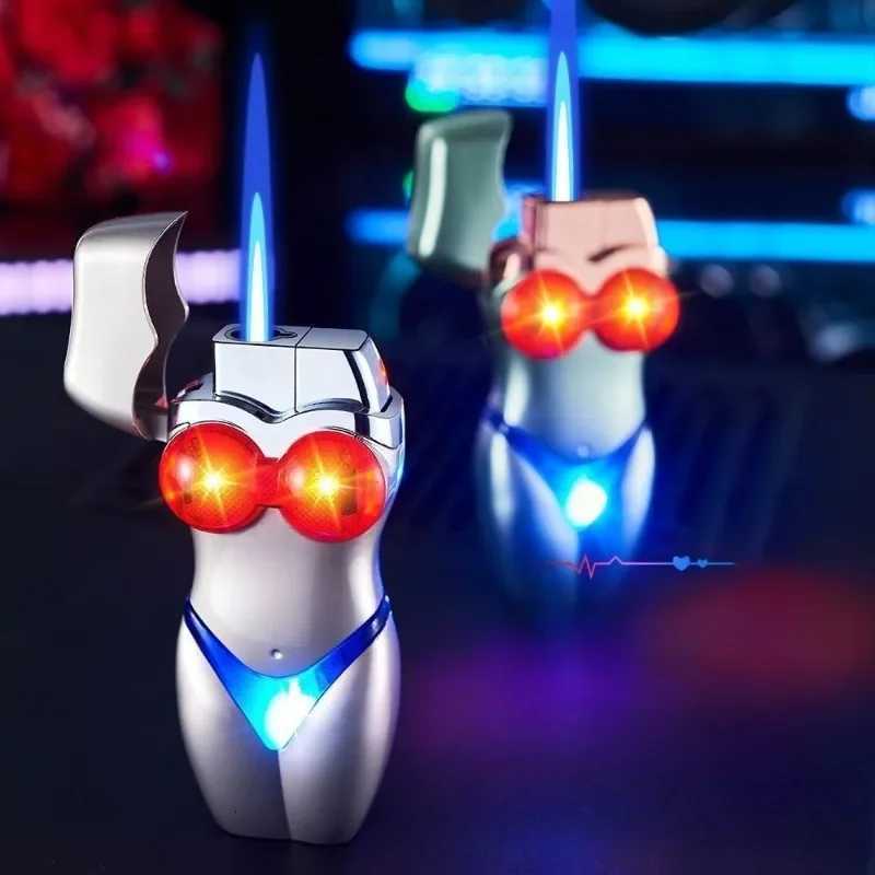 Fashionable Glowing Bikini Beauty Lighter Windproof Straight Blue Flame Inflatable Lighter Smoking Gadgets For Men Gifts Z250806