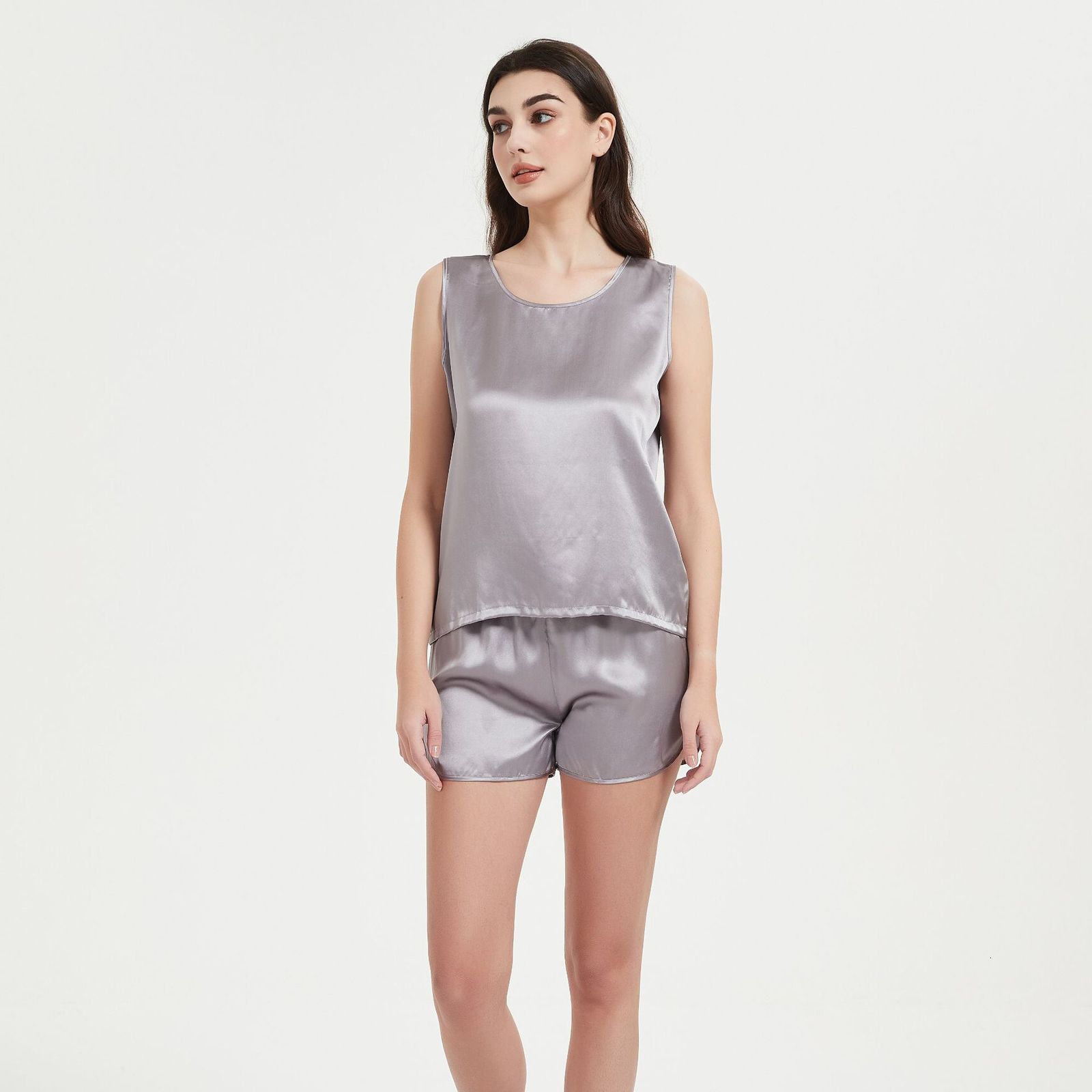 Women Mulberry Silk Vest and Shorts Set Sleeveless Homewear Summer Pajamas Satin Pajamas Set Nightwear Sleeveless Tank Top with Shorts Sleepwear 23050