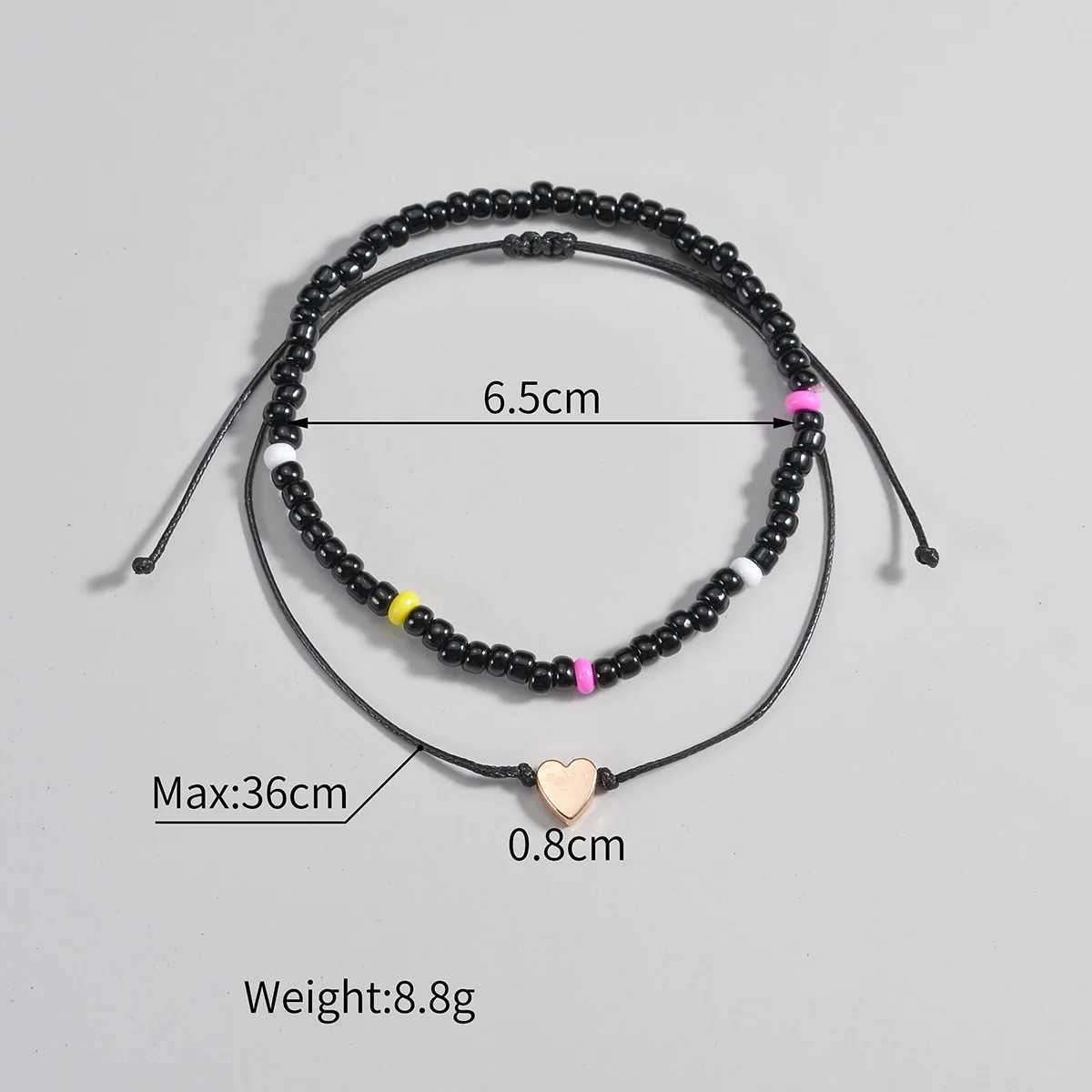 2pcs Heart Anklet Sets For Women Black Rice Beads Waterproof Elastic Rope Chain Ankle Foot Jewelry Accessories Y250805
