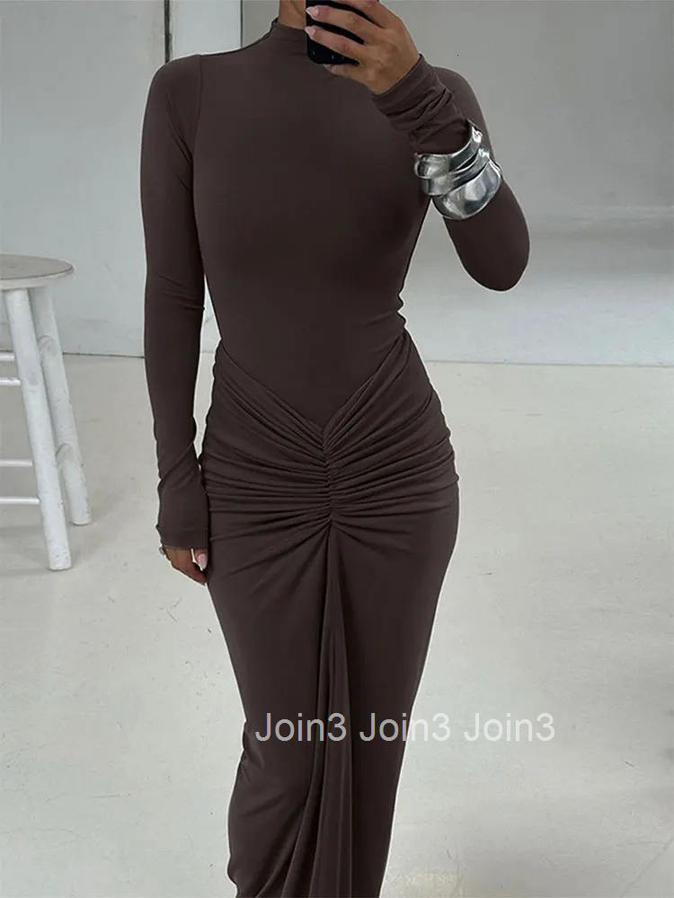 Autumn Women Dresses New Streetwear Solid Sexy Fashion Folds O-Neck Long Sleeves Casual Slim Maxi Dresses Elegant Knitted Dress