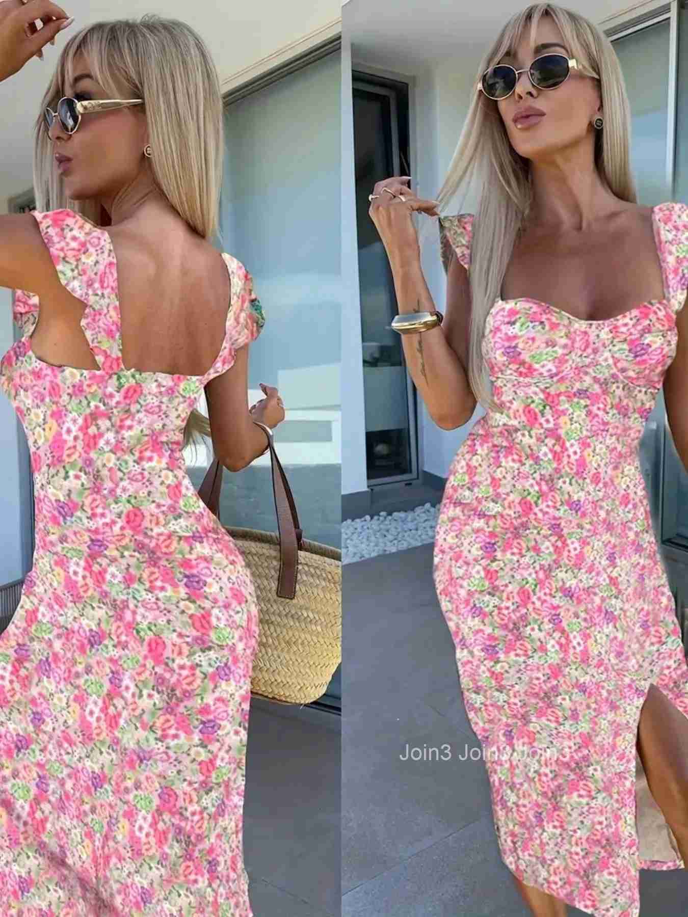 European and American summer new elegant design French flower suspender slit midi-length ladies dress