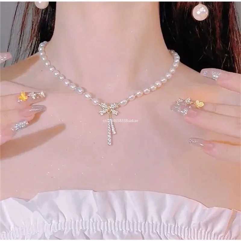 Coquette Aesthetic Pearl Necklace Korean Fashion Choker Bow Necklace Heart Pendant Y2K Accessories Cool Girl Hip Hop Jewelry Y250805