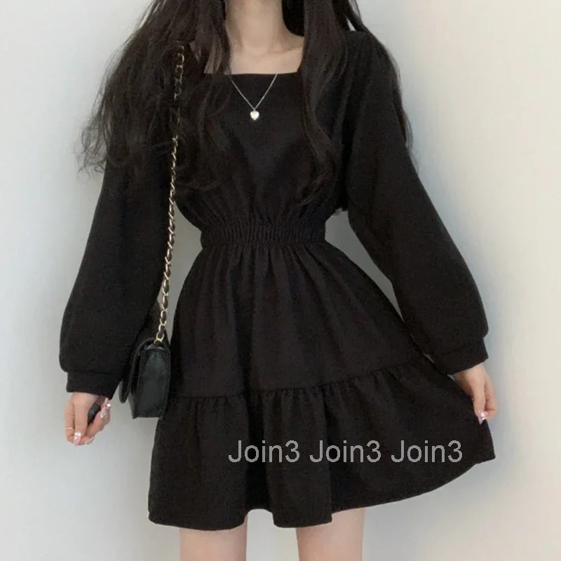 Women Long Sleeve Black Dresses Square Collar A-Line Sweet Vintage Design High Waist Mini Length Soft Korean Elegant