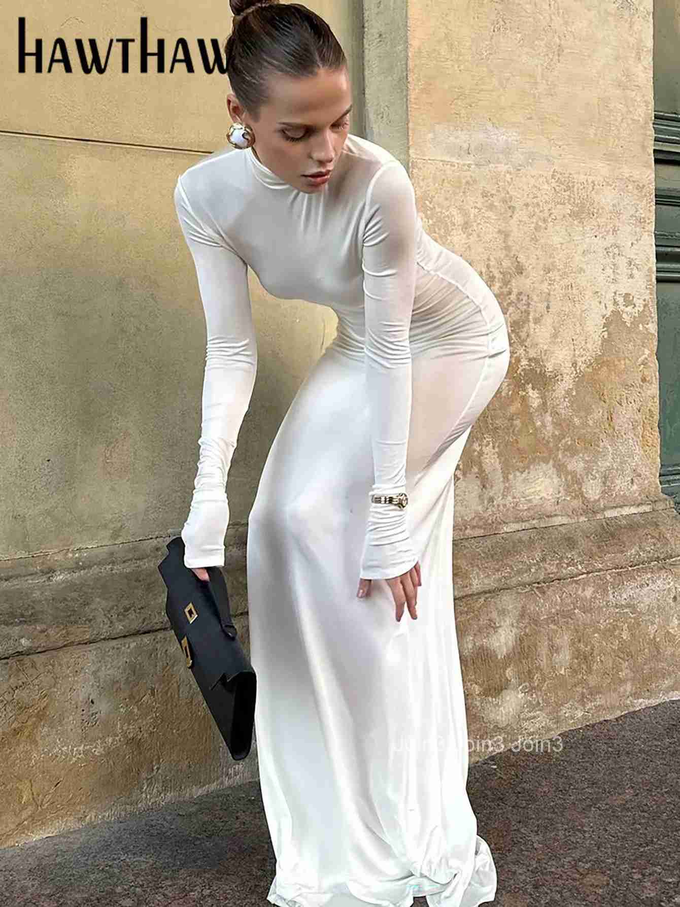 Hawthaw Women Spring Autumn Long Sleeve Party Solid Color Bodycon Basic White Long Dress Wholesale Items For Business
