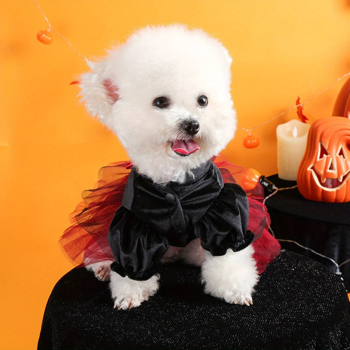 Halloween Pirate Wedding Dress Pet Clothes Dog Cat Black Thermal Dress Funny Red Skull Splicing Open Button Dress 250805