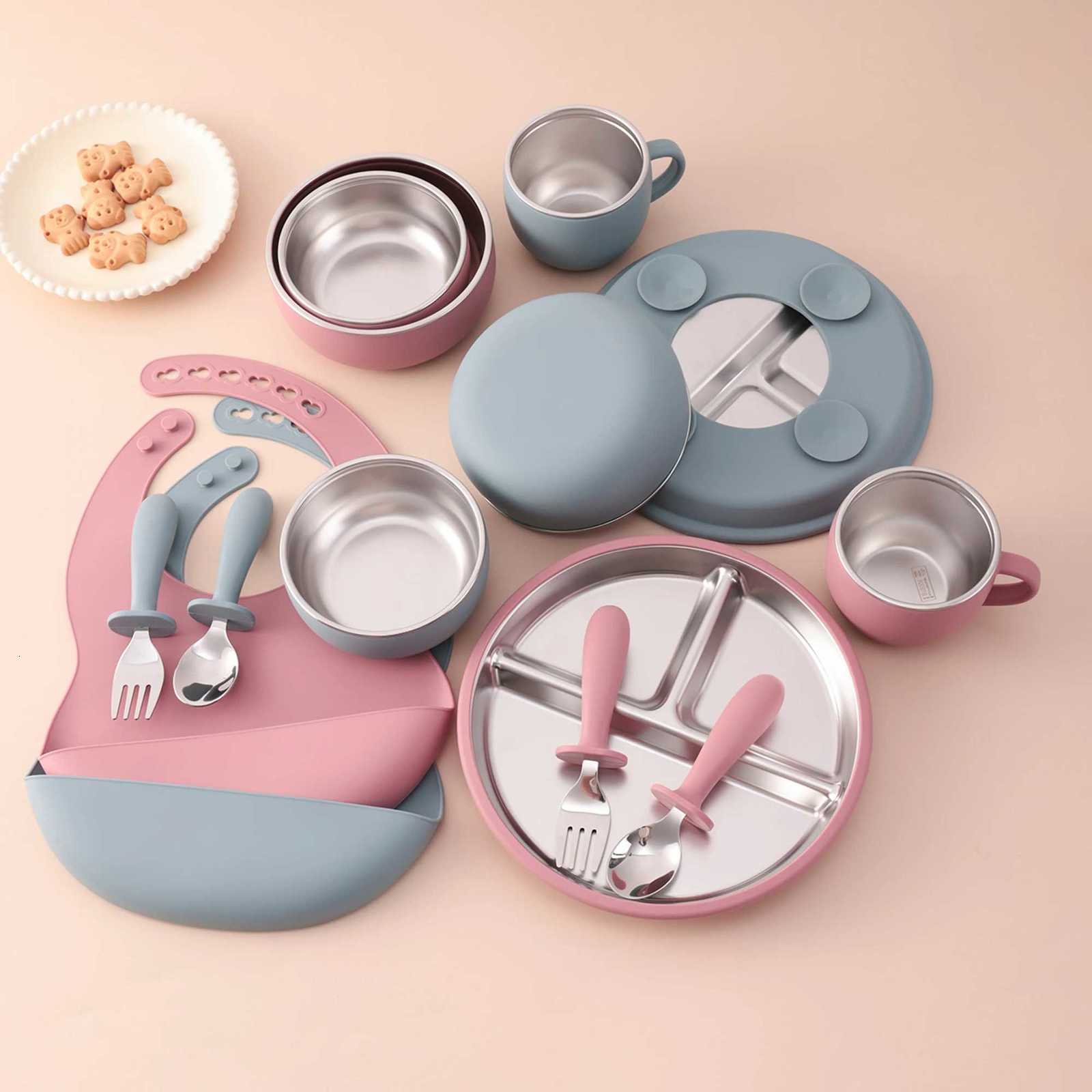 7PCS Food Grade Silicone Feeding Set Sucker Dishes Bowl Leakproof Bib Stainless Steel Utensils Toddler Cup Baby Newborn Items X250806