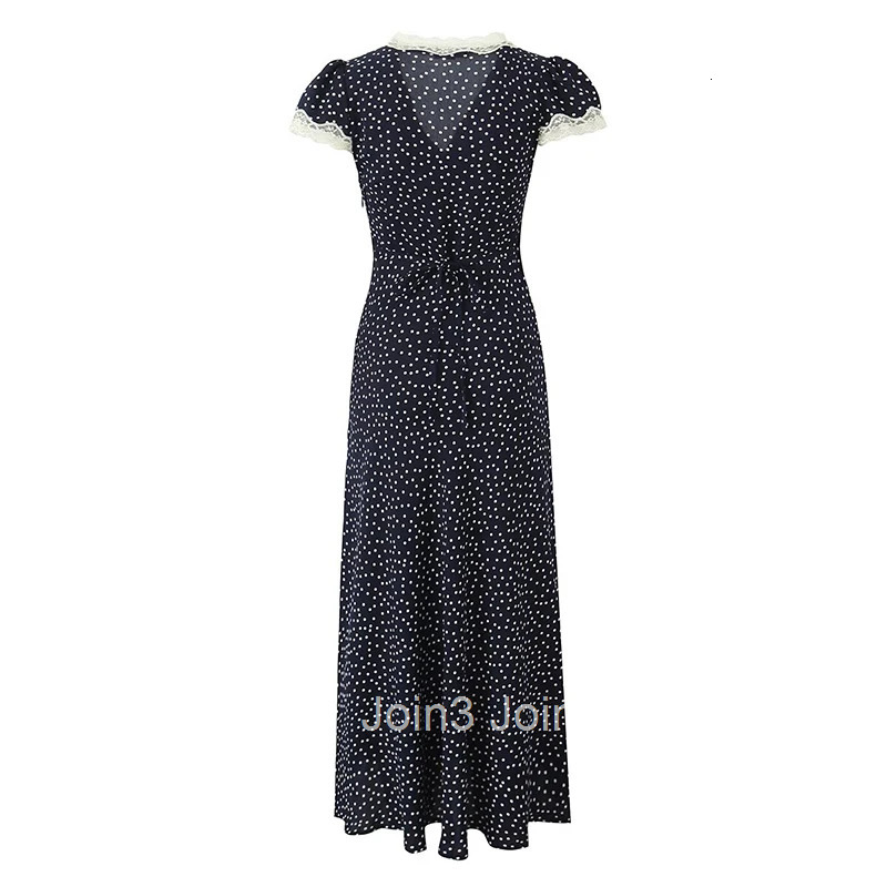 YENKYE Women Navy Blue Polka Dot Long Dress Lace Trim V Neck Short Sleeve A-line Elegant Holiday Dresses Summe Maxi Robe