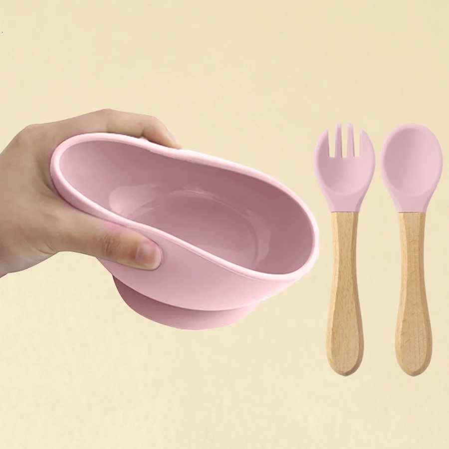 3PCS Food Grade Silicone Baby Feeding Bowl Set Solid Color Dishes Waterproof Feeding Bowl With Spoon Fork Children Tableware X250806