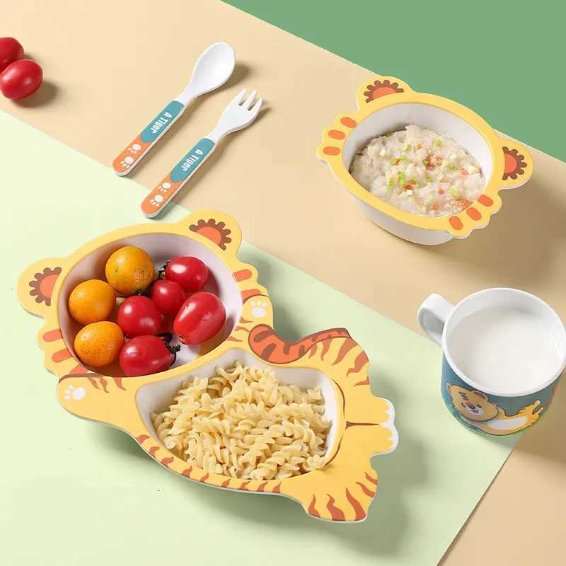 Cartoon Dinosaur Baby Feeding Plate Children Bamboo Fiber Tableware Tray Dish Bowl Fork Spoon Cup Food Training Dinnerware Set X250806