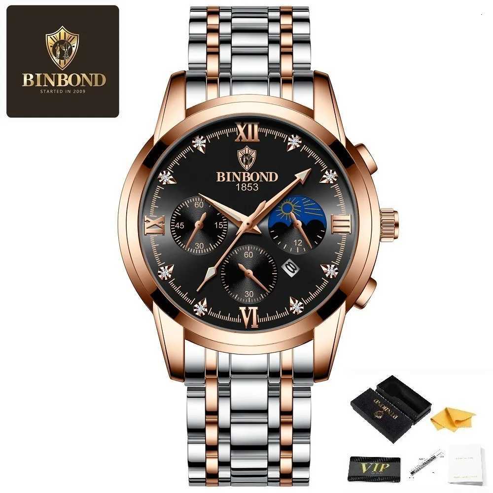 BINBOND New Mens Top Luxury Business Waterproof Luminous Hands Display Date Stainless Steel Strap Quartz W250806