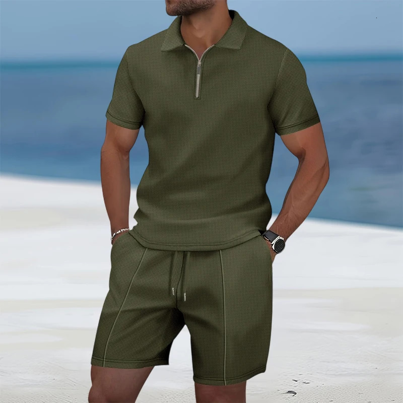 2025 Summer mens Short-sleeved Shorts Set Europe and the United States Waffle Solid Color Zip-up Lapel t-shirt sweatshirt 250805
