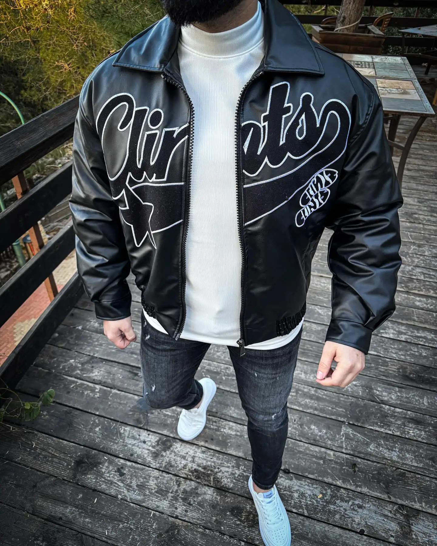 Y2k Gothic Punk Leather Jacket Hip Hop Punk Pattern Embroidered Motorcycle Jacket Fashionable and Simple Streetwear Zipper Coat 250806